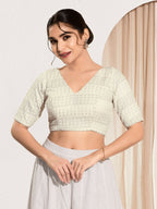 Joban Fashion Off White Crochet Padded Blouse With V Neck Elbow Sleeves - Distacart