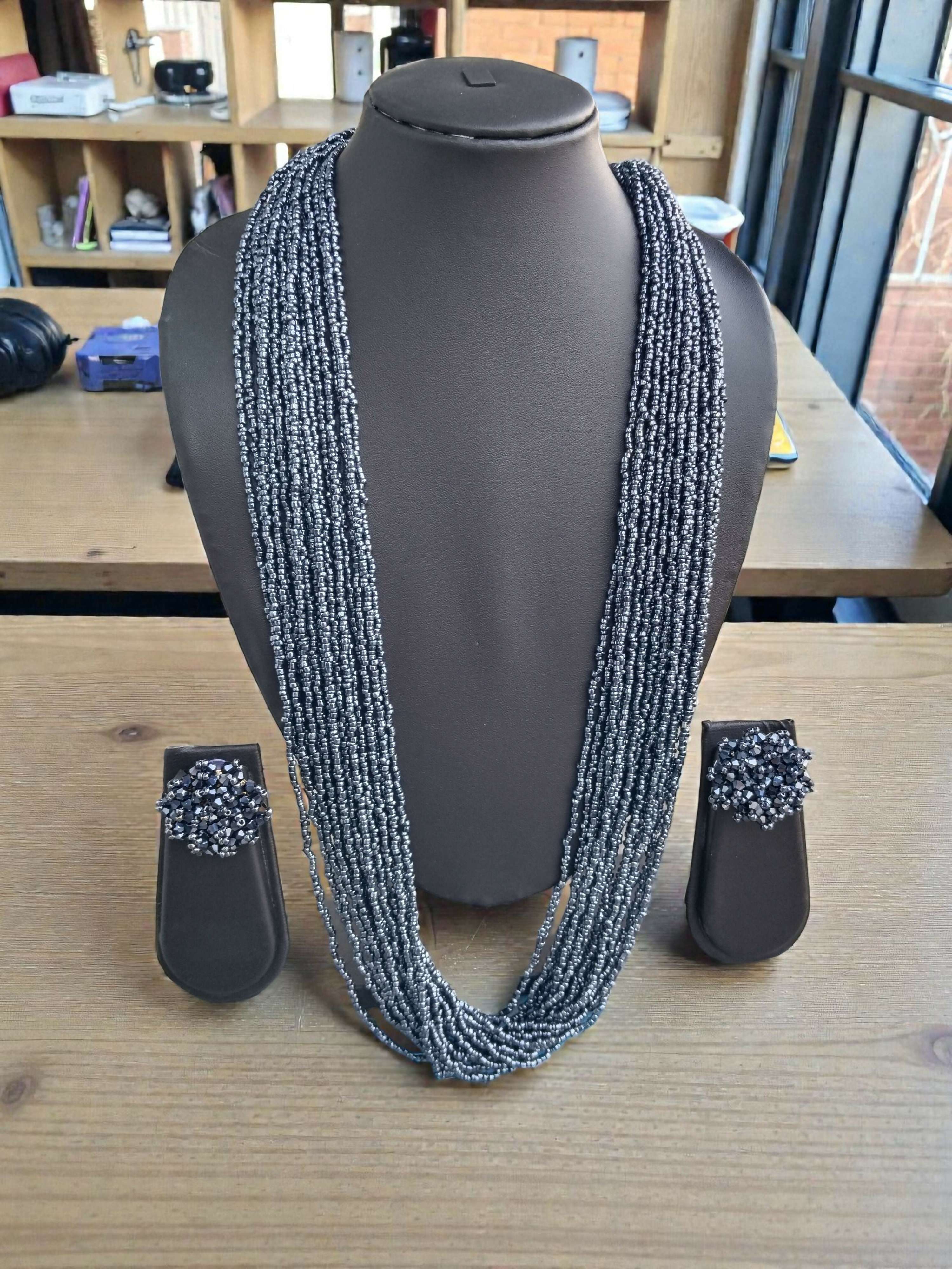Inhanns Rangsaaz 20-Layer Luxe Long Beaded Necklace (With Optional Statement Earrings) - Navy Blue Long 20 Layer With Earring