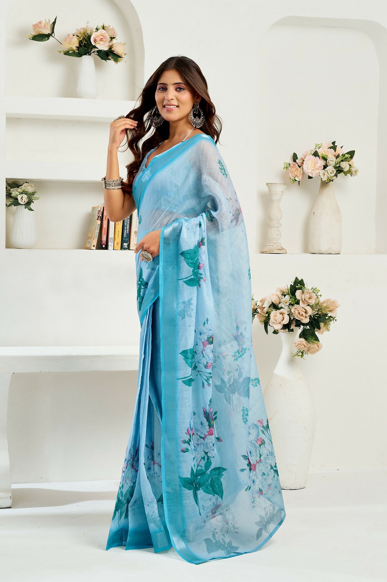 Vastranavya Sea Blue Digital Printed Linen Ready To Wear Designer Saree with Unstitched Blouse - Distacart