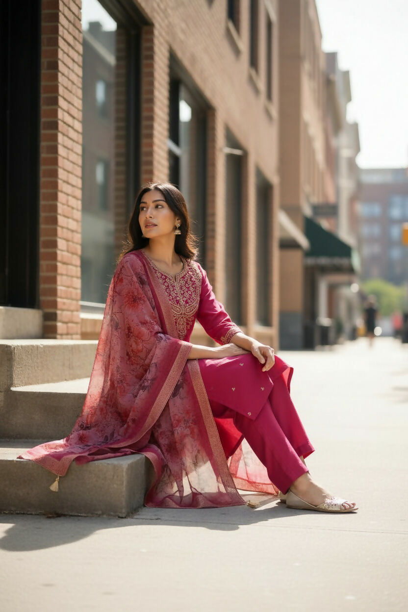 The52 Women's Beautiful Chanderi Silk Fabric Embroidery Work Straight Kurta Pant and Dupatta Set - Distacart