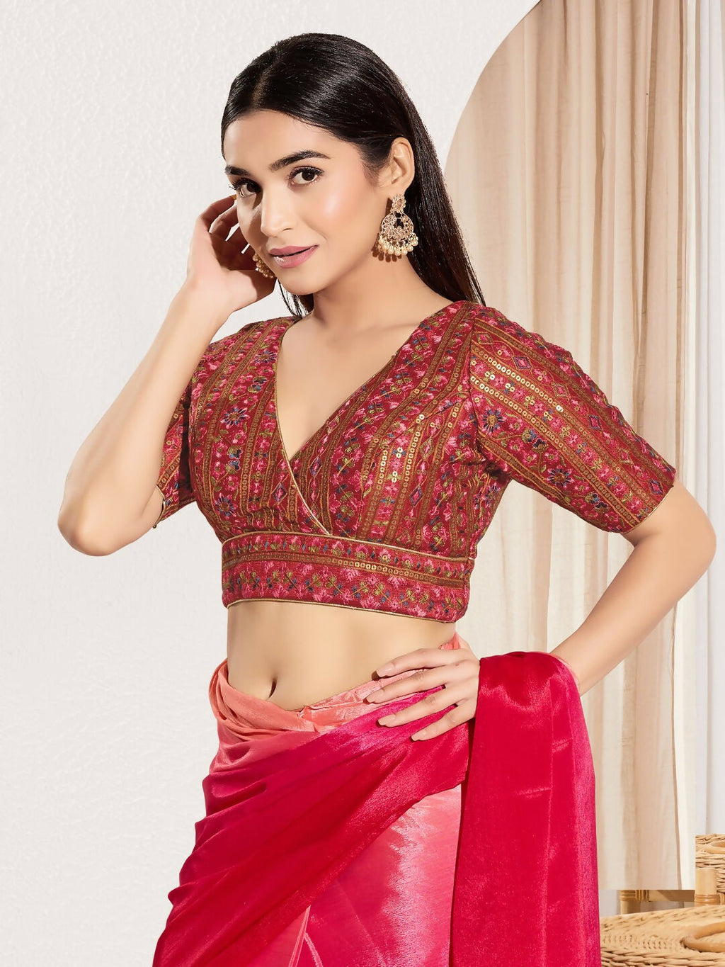 Joban Fashion Maroon Mulberry Silk Padded Blouse With V Neck Elbow Sleeves - Distacart