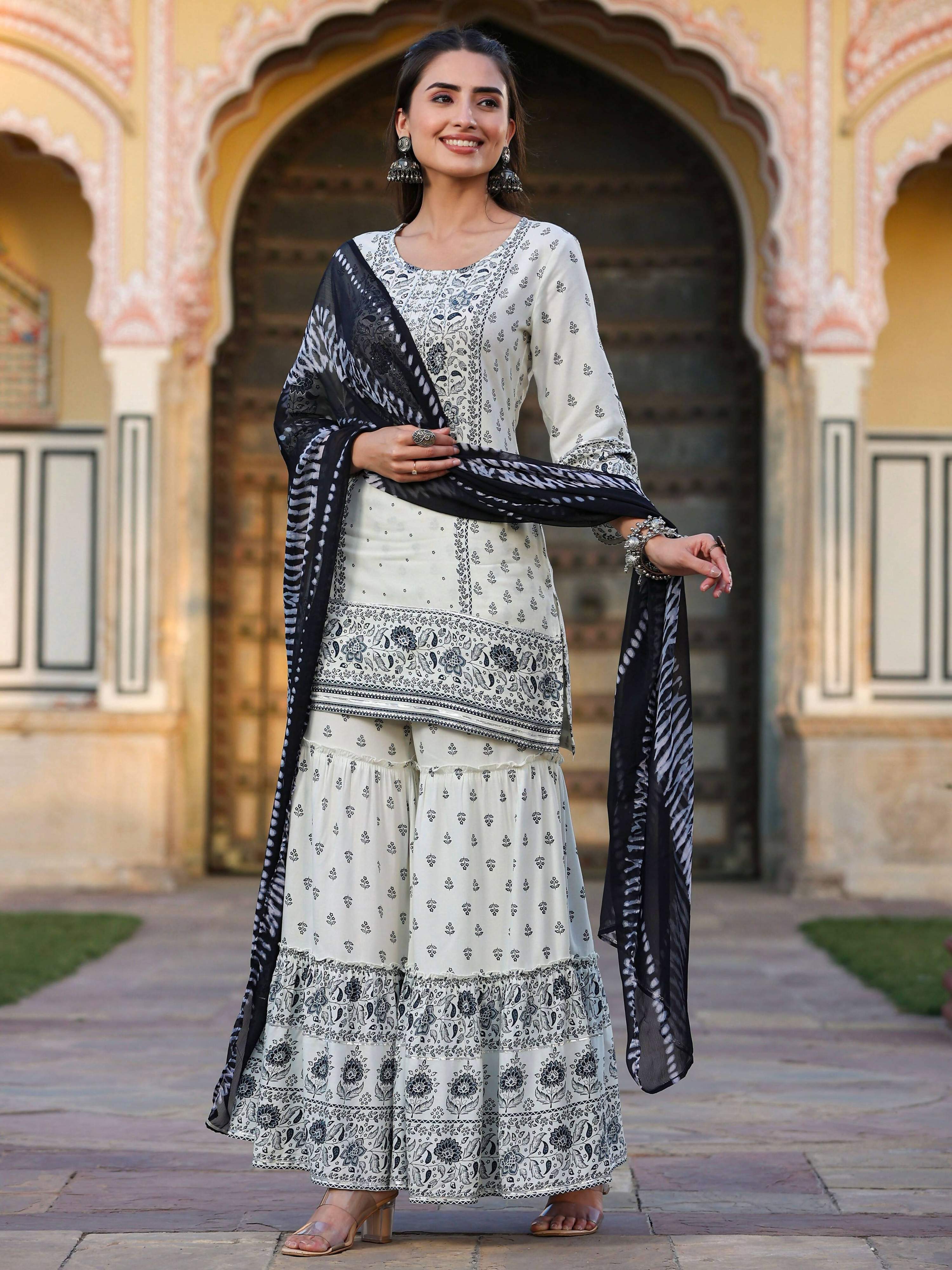 Juniper Women's Off White Rayon Floral Placement Kurta With Sharara And Dupatta Set - Distacart