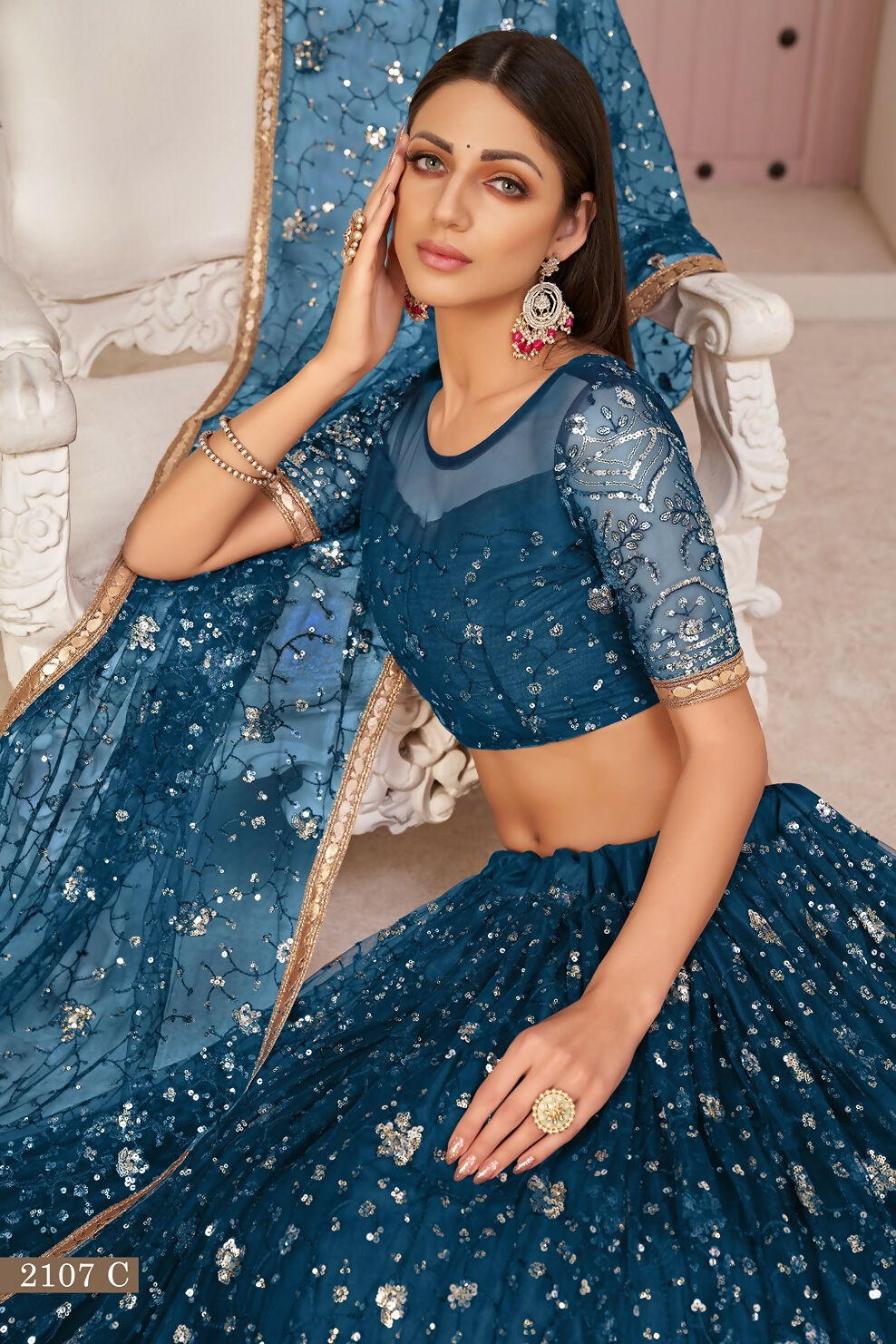 Eilara Blue Net Thread With Zari Sandwich Sequins Embroidered Work Lehenga Choli