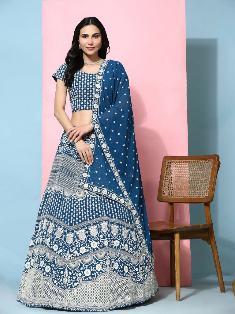 Teal Georgette Thread Embroidered Lehenga Choli with Dupatta - Tanya