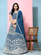 Teal Georgette Thread Embroidered Lehenga Choli with Dupatta - Tanya