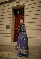Navy Blue Weavead Thread & Zari Work, Handloom Weaving Banarasi Satin Silk Saree - Rajtex Kronicle Silk