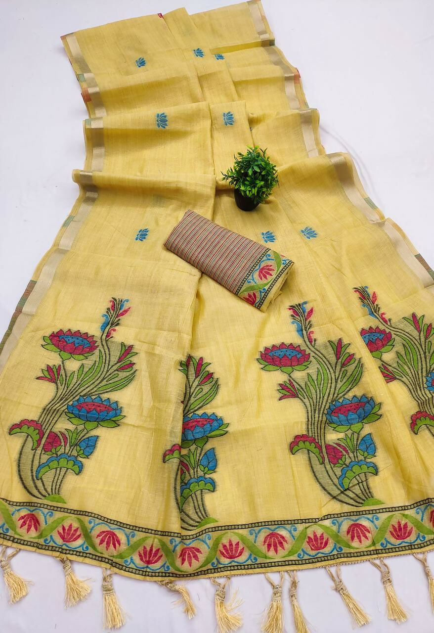 Vastranavya Yellow Muga Cotton Meenakari & Azarakh Pallu Saree with Contrast Blouse - Distacart