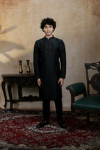 Falling Raw Silk Black Kajal Phool Kurta Set By Hilo Design