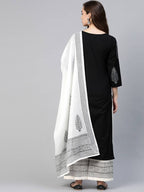 Yufta Women Black & White Yoke Design Thread Work Cotton Kurta with Palazzo & Dupatta