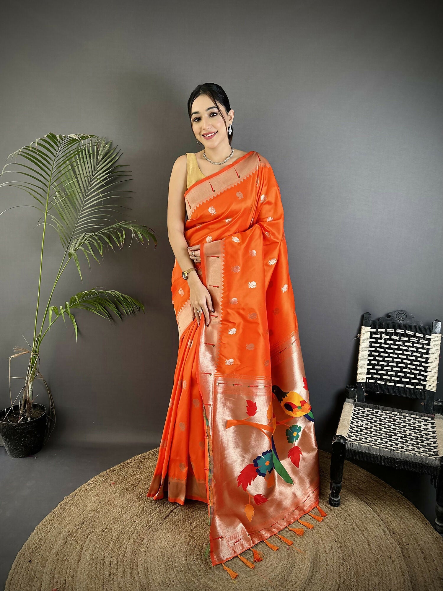 Joban Fashion Orange Peacock & Floral Motifs Soft Silk Kanchipuram Saree - Distacart