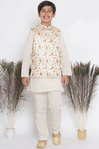 Little Bansi Banarsi Floral Embroidery Jacket with Cotton Kantha kurta and Kantha Pyjama - Cream