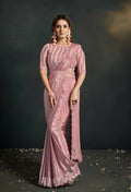 Peach Silk Crepe Georgette Cord Sequence & Thread Embroidered & Stone Work Saree - Moh-Manthan Royal Enigma