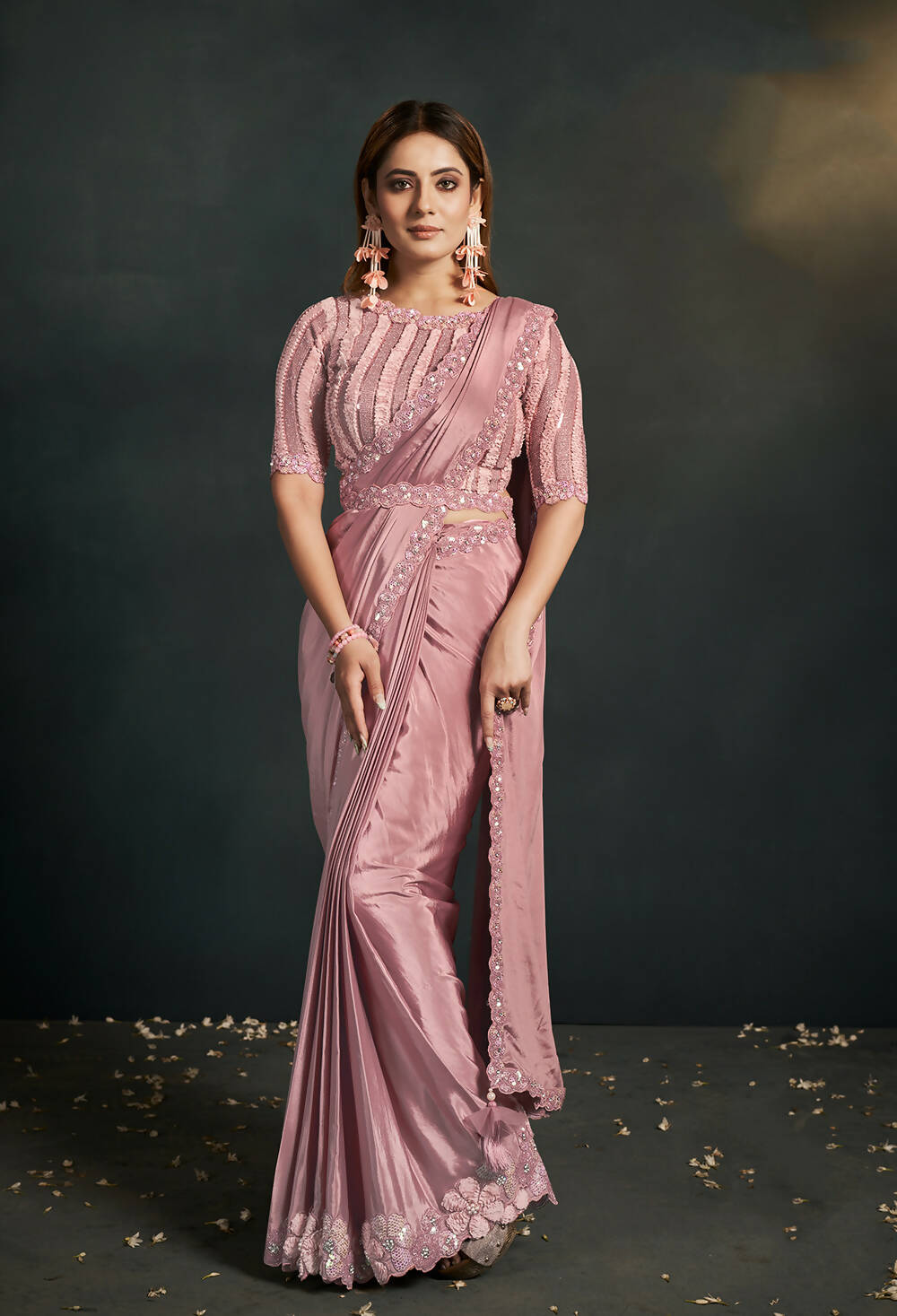 Peach Silk Crepe Georgette Cord Sequence & Thread Embroidered & Stone Work Saree - Moh-Manthan Royal Enigma