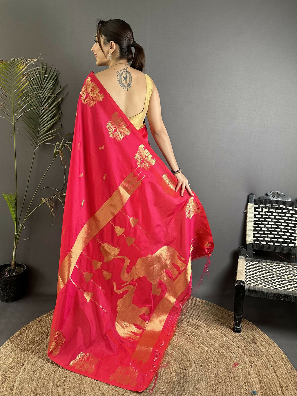 Joban Fashion Crimson Red Motifs Zari Weaving Soft Silk Banarasi Saree