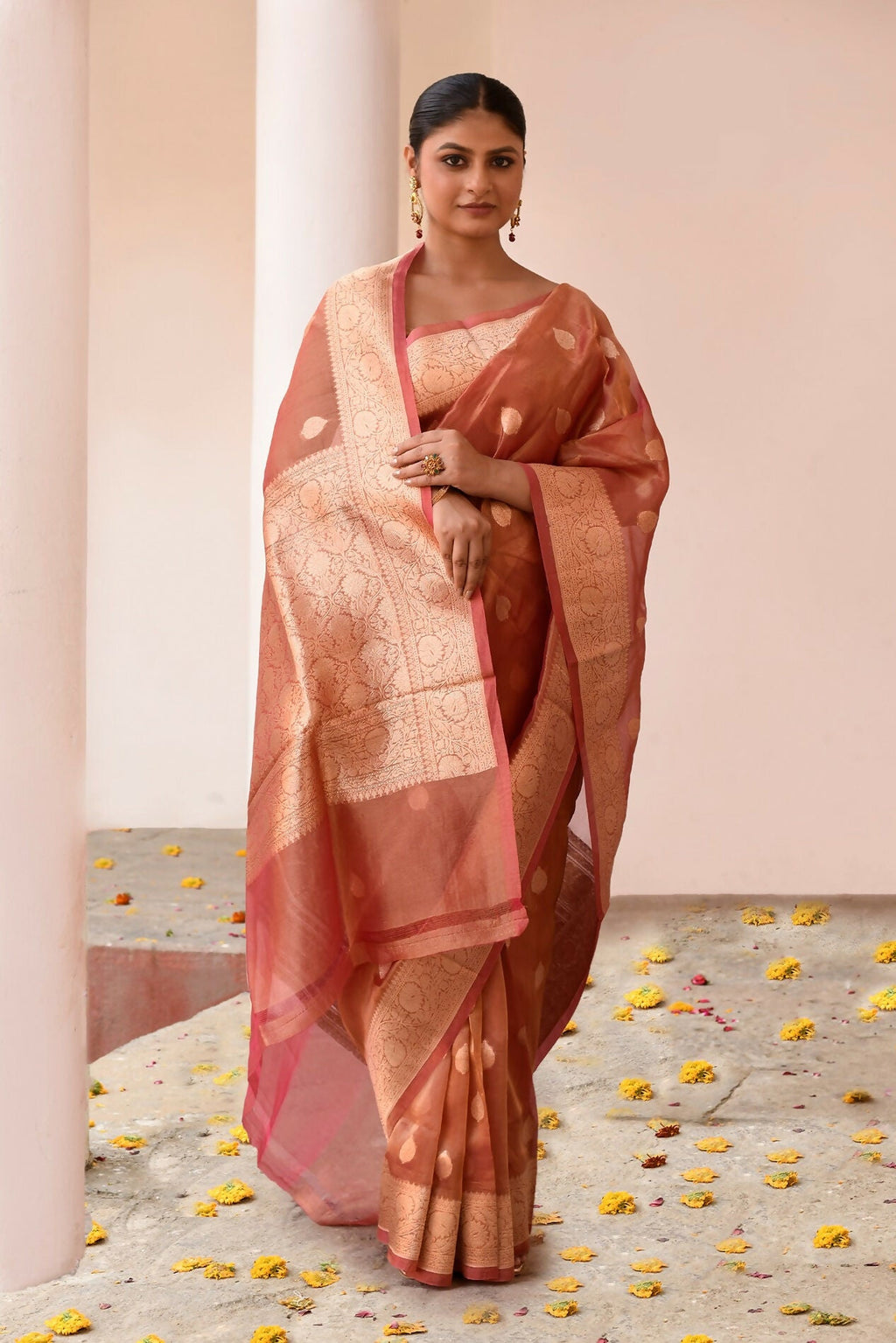 Joban Fashion Rose Gold Banarasi Tissue Pure Handloom Banarasi Silk Saree