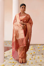Joban Fashion Rose Gold Banarasi Tissue Pure Handloom Banarasi Silk Saree