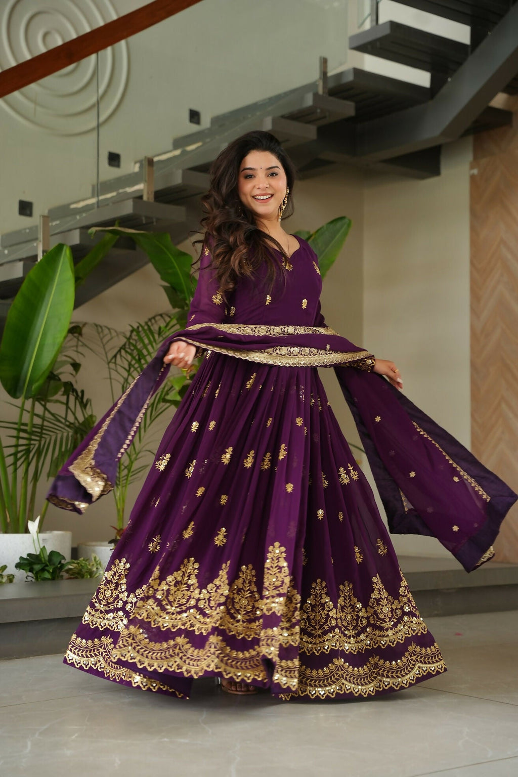 Joban Fashion Purple Georgette Sequence Embroidery Work Kurta Set - Distacart