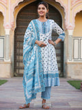 Juniper Women's White Cotton Voile Floral Printed Kurta With Cambric Straight Pant And Voile Duptta - Distacart