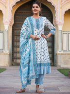 Juniper Women's White Cotton Voile Floral Printed Kurta With Cambric Straight Pant And Voile Duptta - Distacart