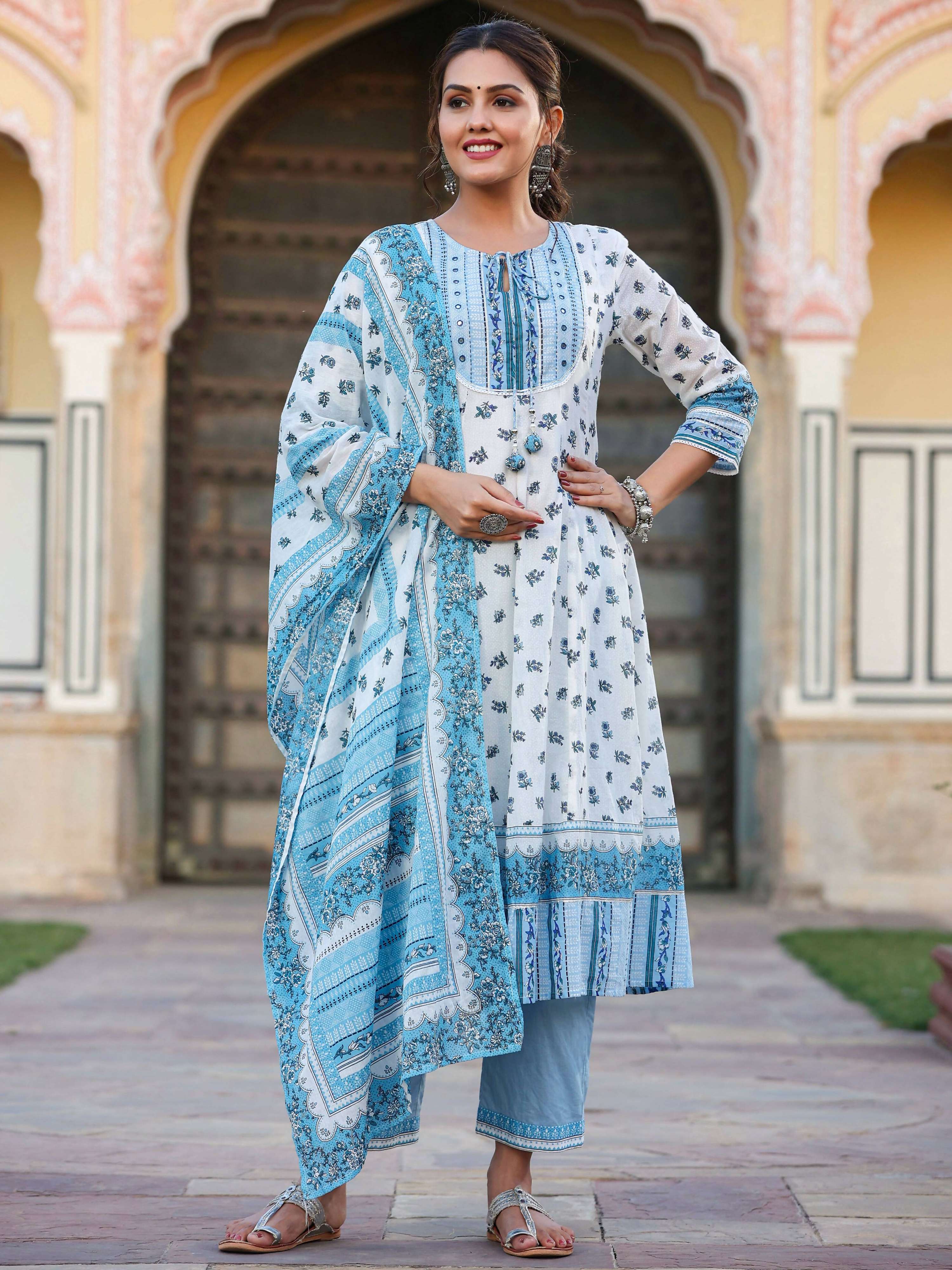 Juniper Women's White Cotton Voile Floral Printed Kurta With Cambric Straight Pant And Voile Duptta - Distacart