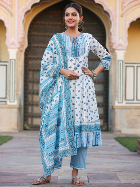 Juniper Women's White Cotton Voile Floral Printed Kurta With Cambric Straight Pant And Voile Duptta