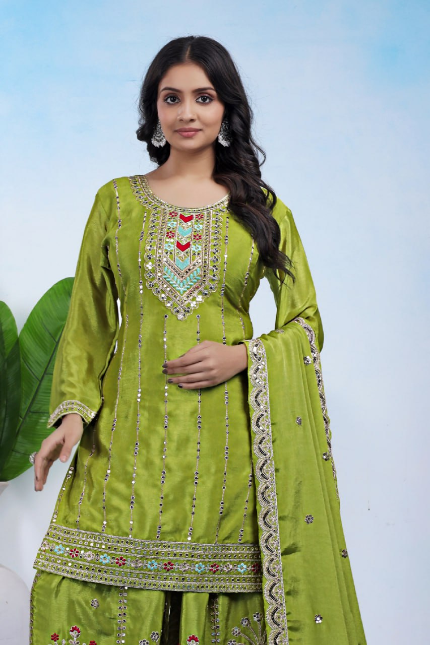 Prazu Fashion Parrot Green Chinon Silk Sequin Embroidered Sharara Suit - Distacart