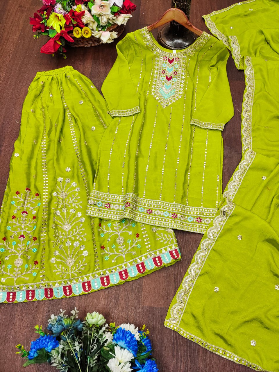 Prazu Fashion Parrot Green Chinon Silk Sequin Embroidered Sharara Suit - Distacart