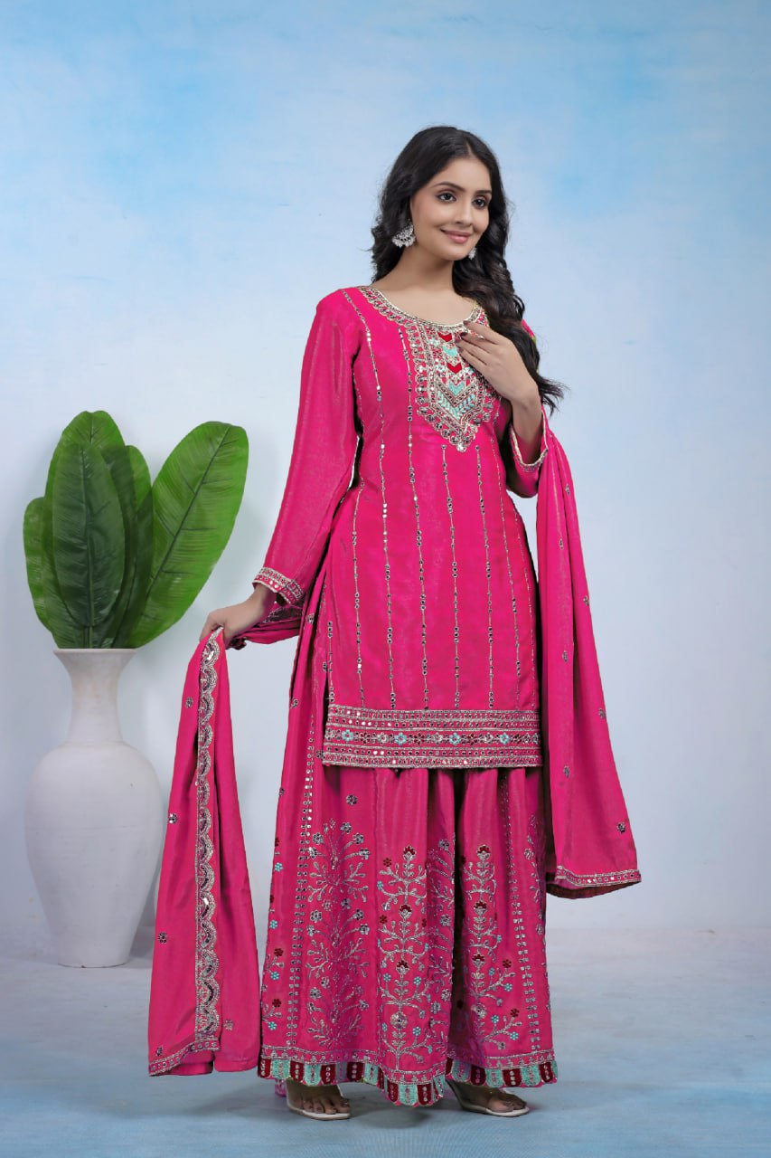 Prazu Fashion Pink Chinon Silk Sequin Embroidered Sharara Suit - Distacart