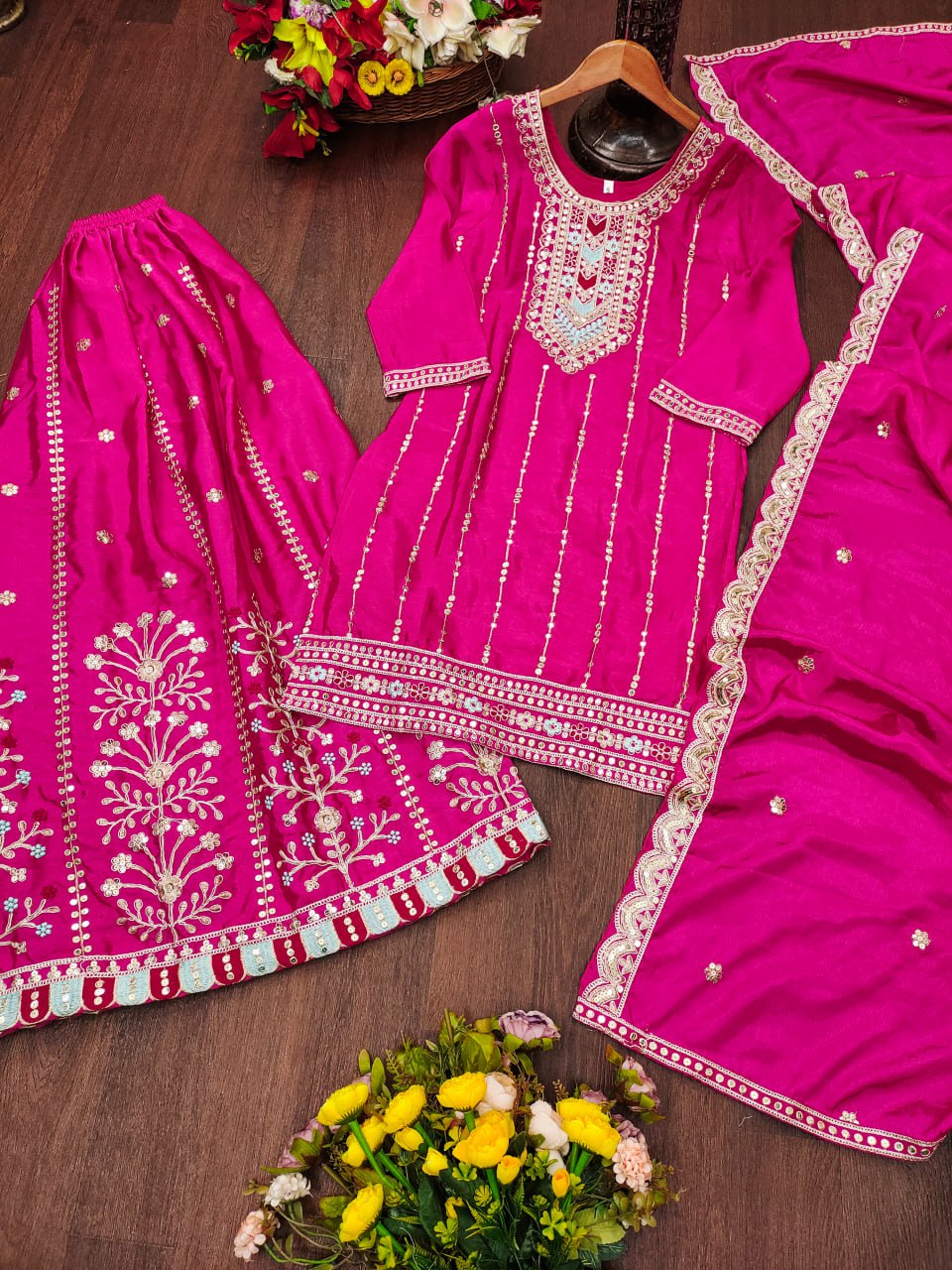 Prazu Fashion Pink Chinon Silk Sequin Embroidered Sharara Suit - Distacart