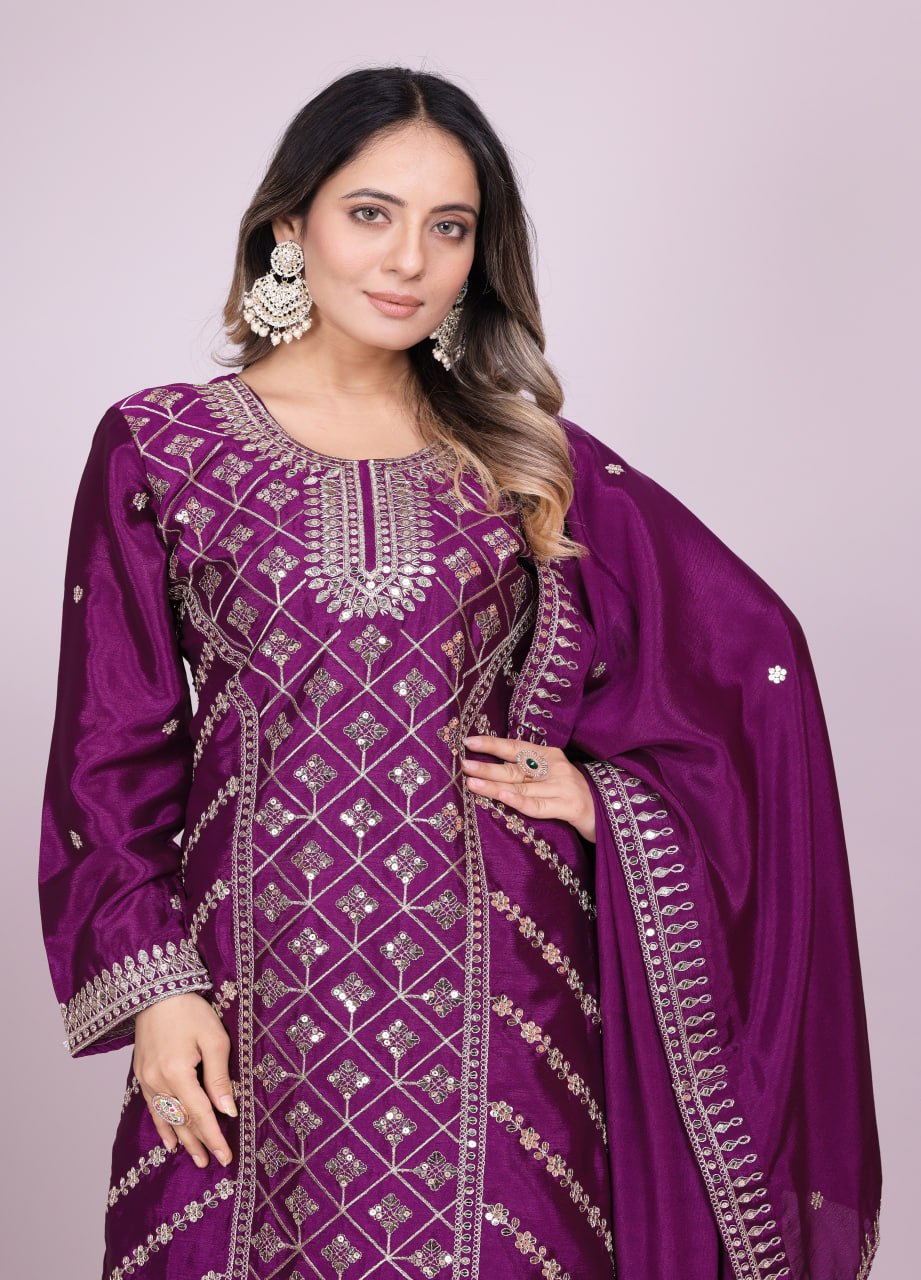 Teeya Creation Wine Color Chinnon Silk Embroidery Work Fully Stitched Salwar Suit