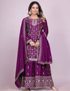 Teeya Creation Wine Color Chinnon Silk Embroidery Work Fully Stitched Salwar Suit