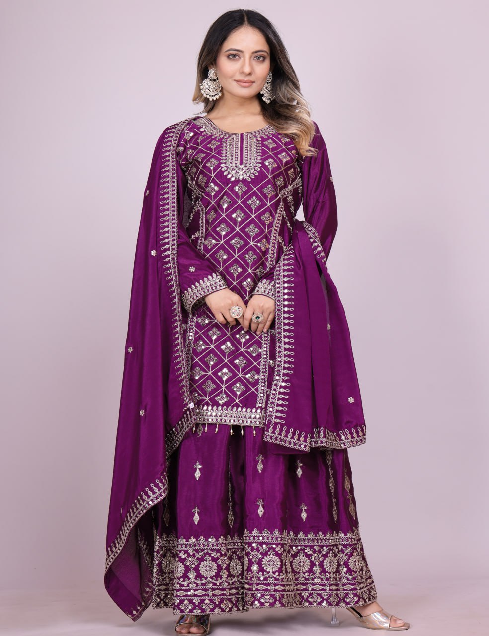 Teeya Creation Wine Color Chinnon Silk Embroidery Work Fully Stitched Salwar Suit