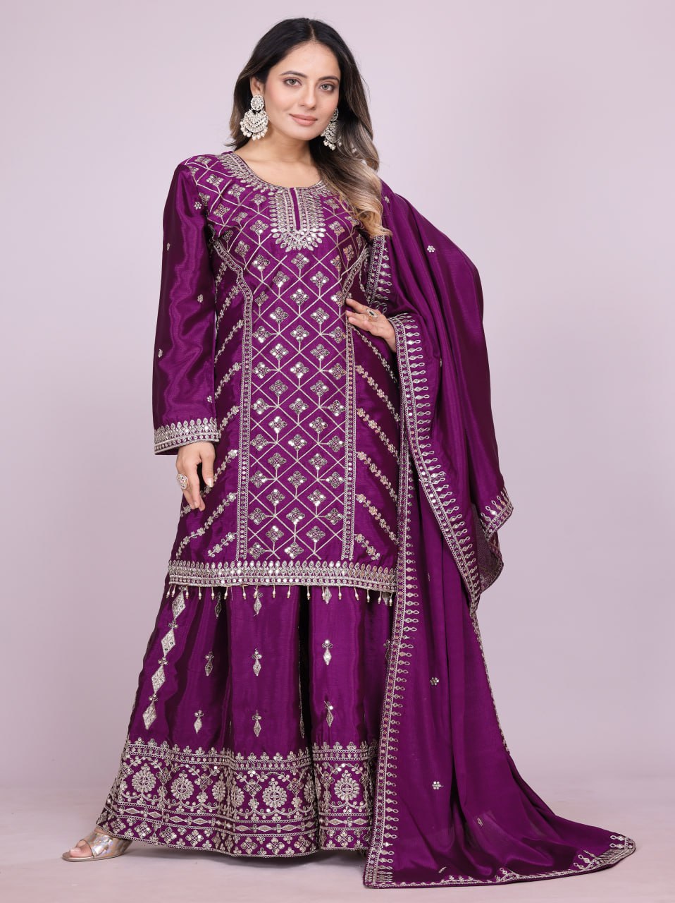 Teeya Creation Wine Color Chinnon Silk Embroidery Work Fully Stitched Salwar Suit
