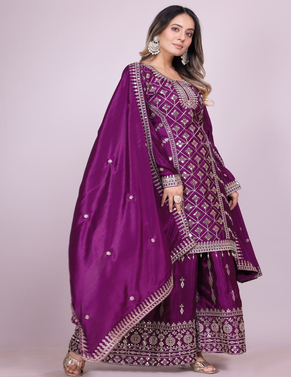 Teeya Creation Wine Color Chinnon Silk Embroidery Work Fully Stitched Salwar Suit
