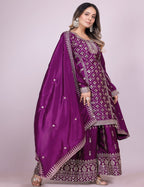 Teeya Creation Wine Color Chinnon Silk Embroidery Work Fully Stitched Salwar Suit