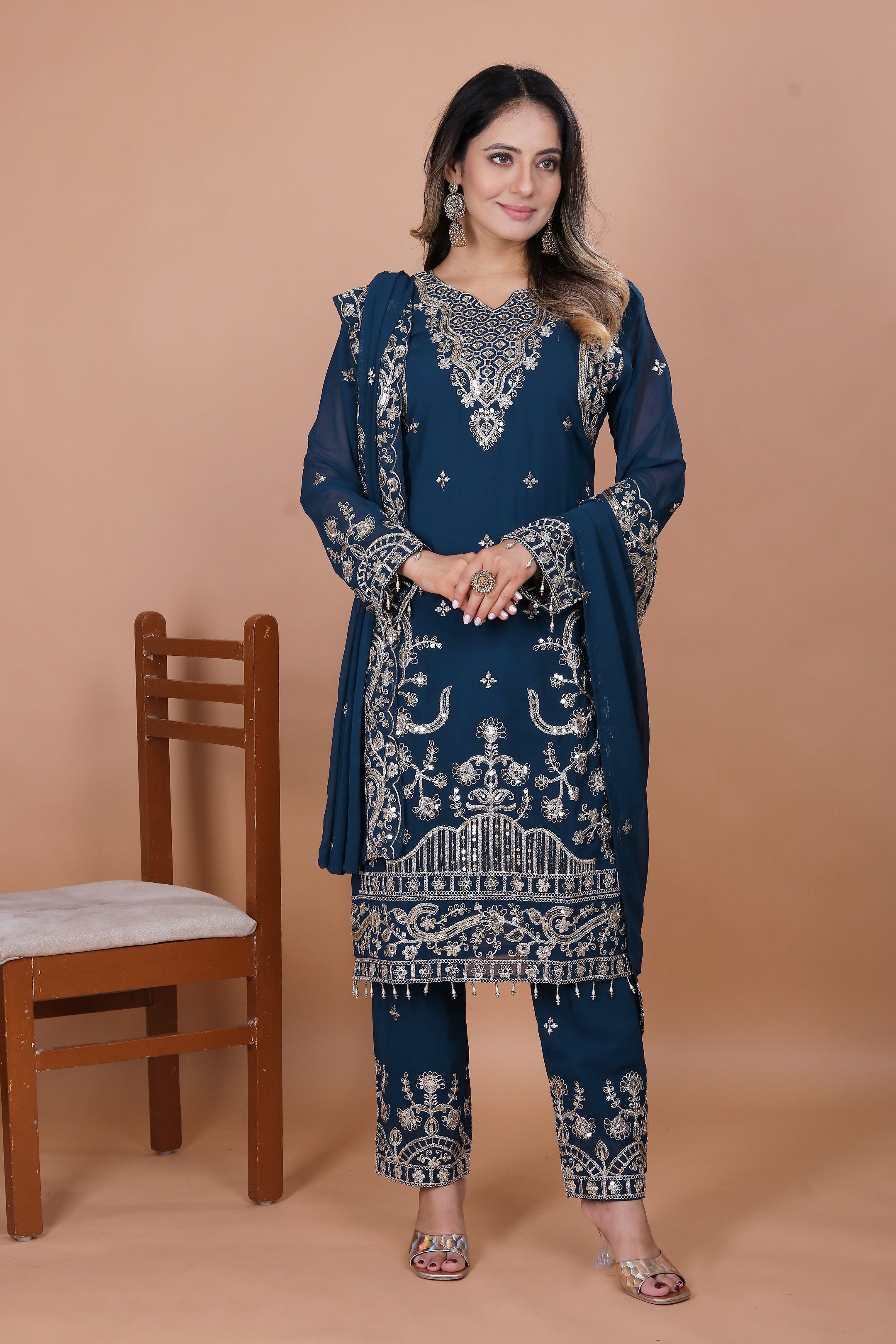 Lehenga Mart Georgette Top Pant Dupatta for Girls or Women - Blue