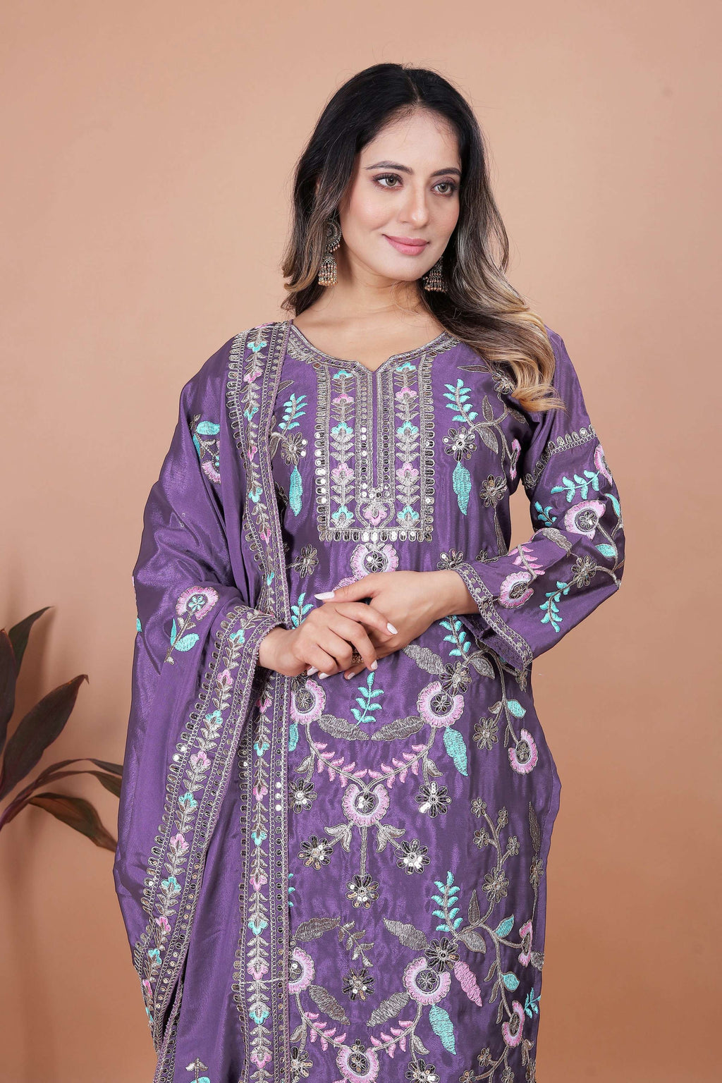 Lehenga Mart Chinon Top Pant Dupatta for Girls or Women - Blue