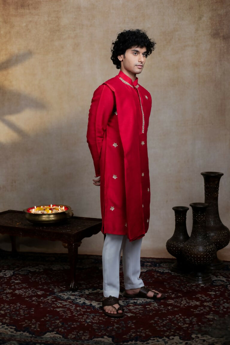 Falling Raw Silk Red Kumkuma Kurta Set By Hilo Design