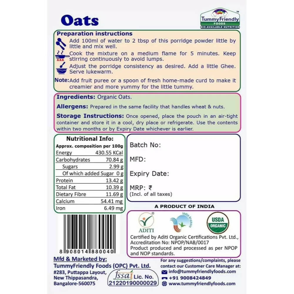 TummyFriendly Foods Certified Oats Porridge Mixes - Stage1, Stage2, Stage3 - Distacart