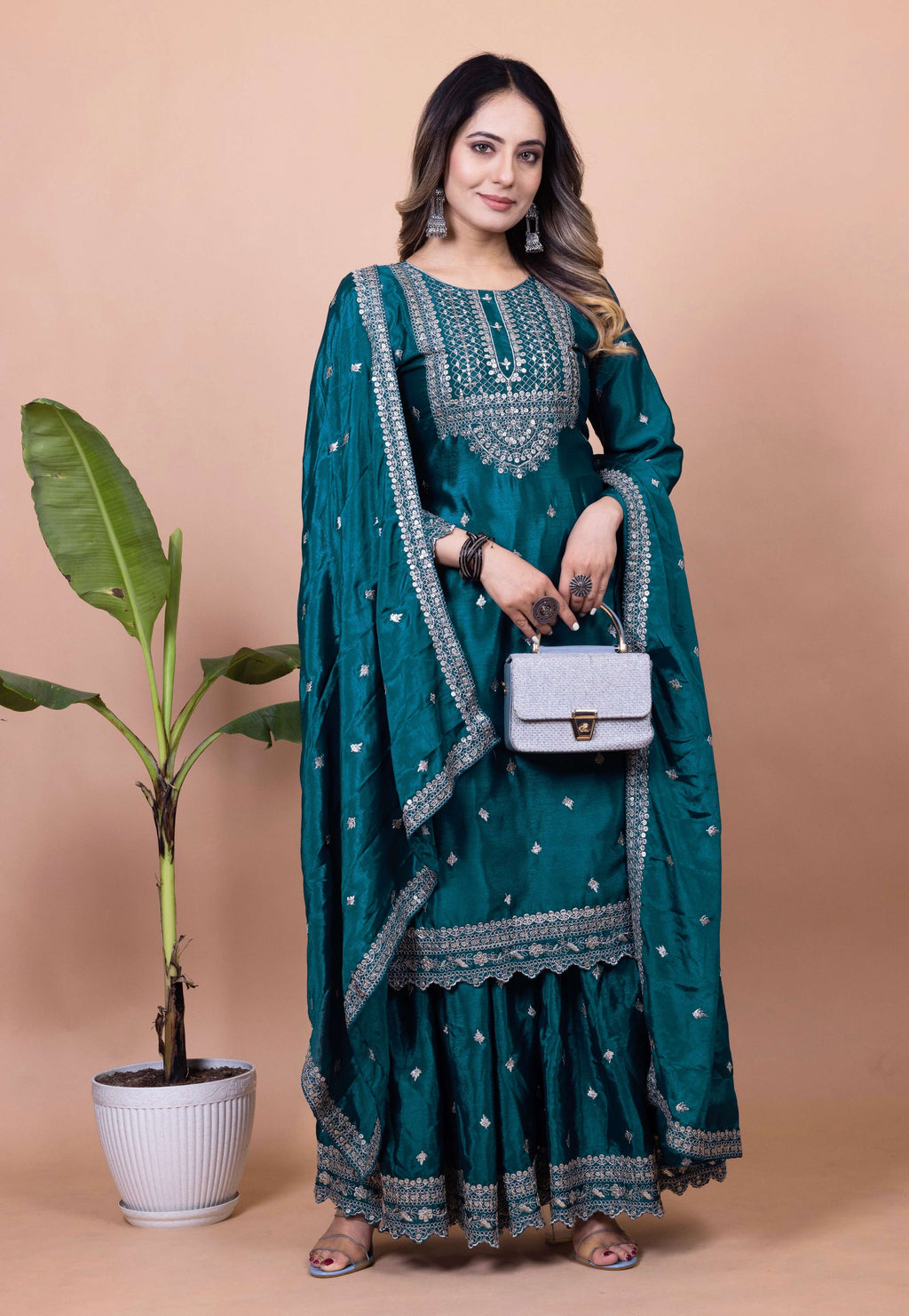 Lehenga Mart Designer Chinon Sharara Suit With Sequence Embroidered Work - Teal blue - Distacart