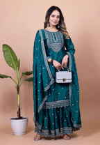 Lehenga Mart Designer Chinon Sharara Suit With Sequence Embroidered Work - Teal blue - Distacart