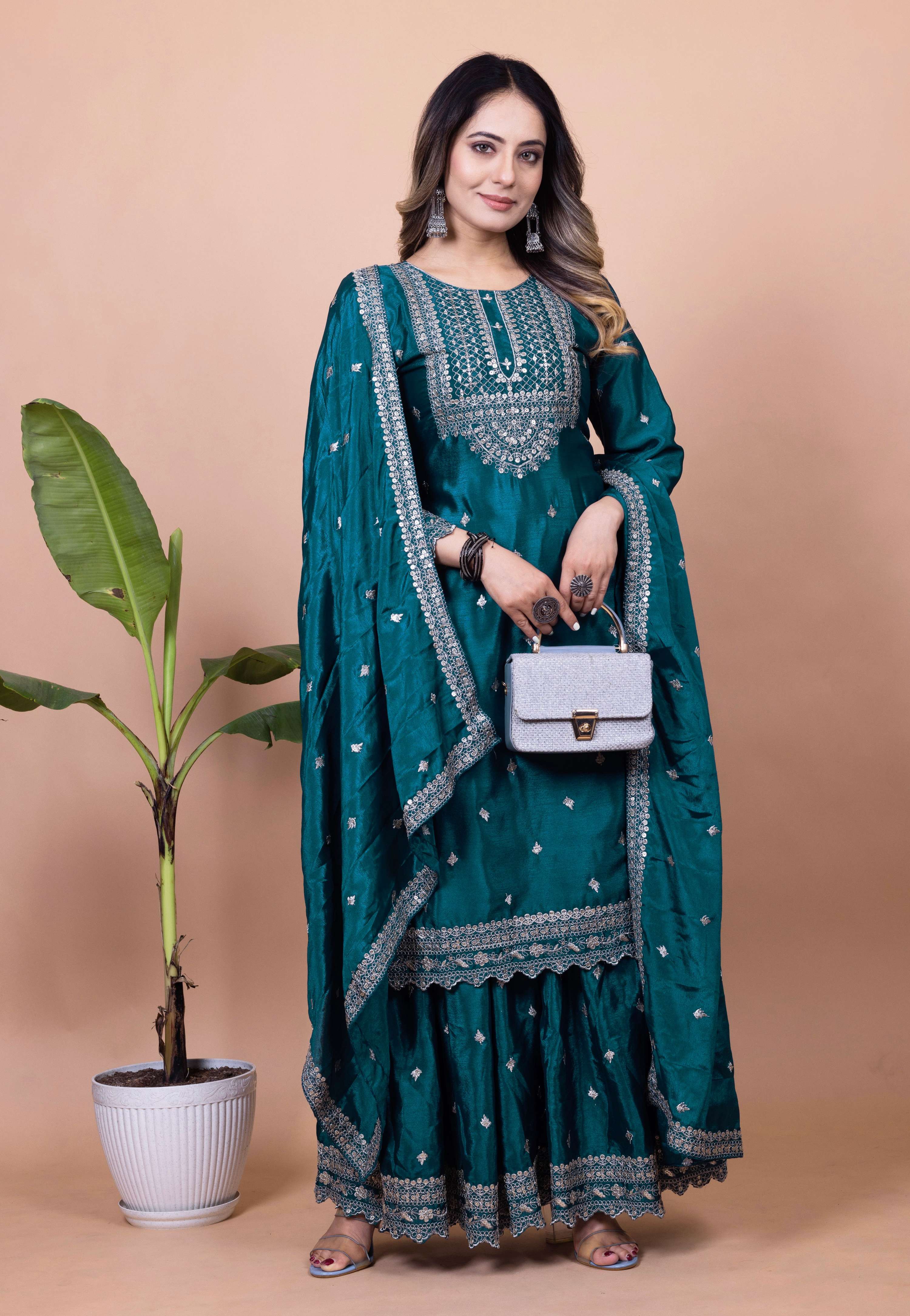 Lehenga Mart Designer Chinon Sharara Suit With Sequence Embroidered Work - Teal blue - Distacart