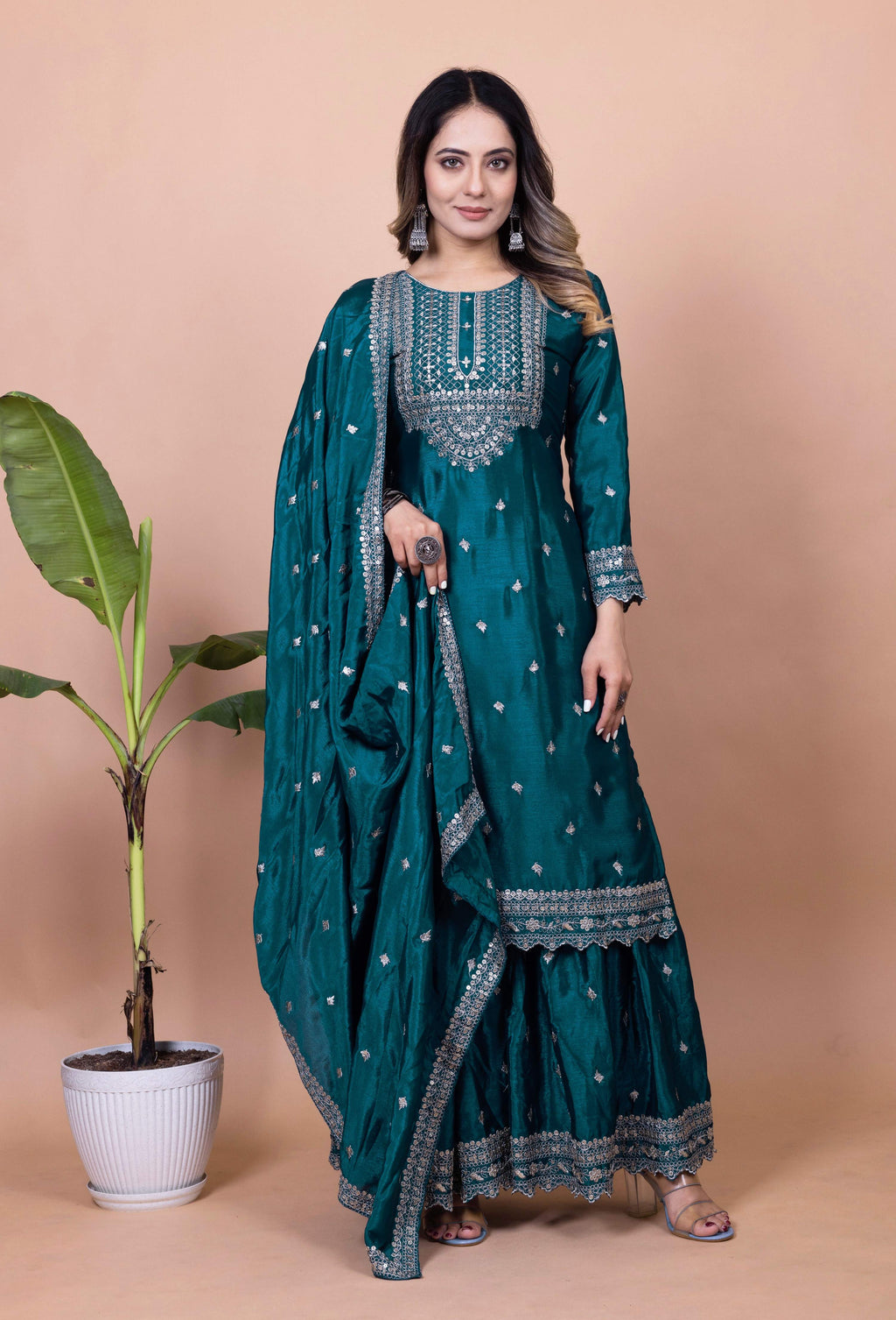 Lehenga Mart Designer Chinon Sharara Suit With Sequence Embroidered Work - Teal blue - Distacart