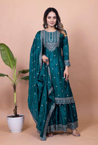 Lehenga Mart Designer Chinon Sharara Suit With Sequence Embroidered Work - Teal blue - Distacart