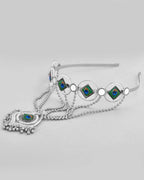 VOJ Silver Plated Peacock Printed Hairband With Mang Tikka