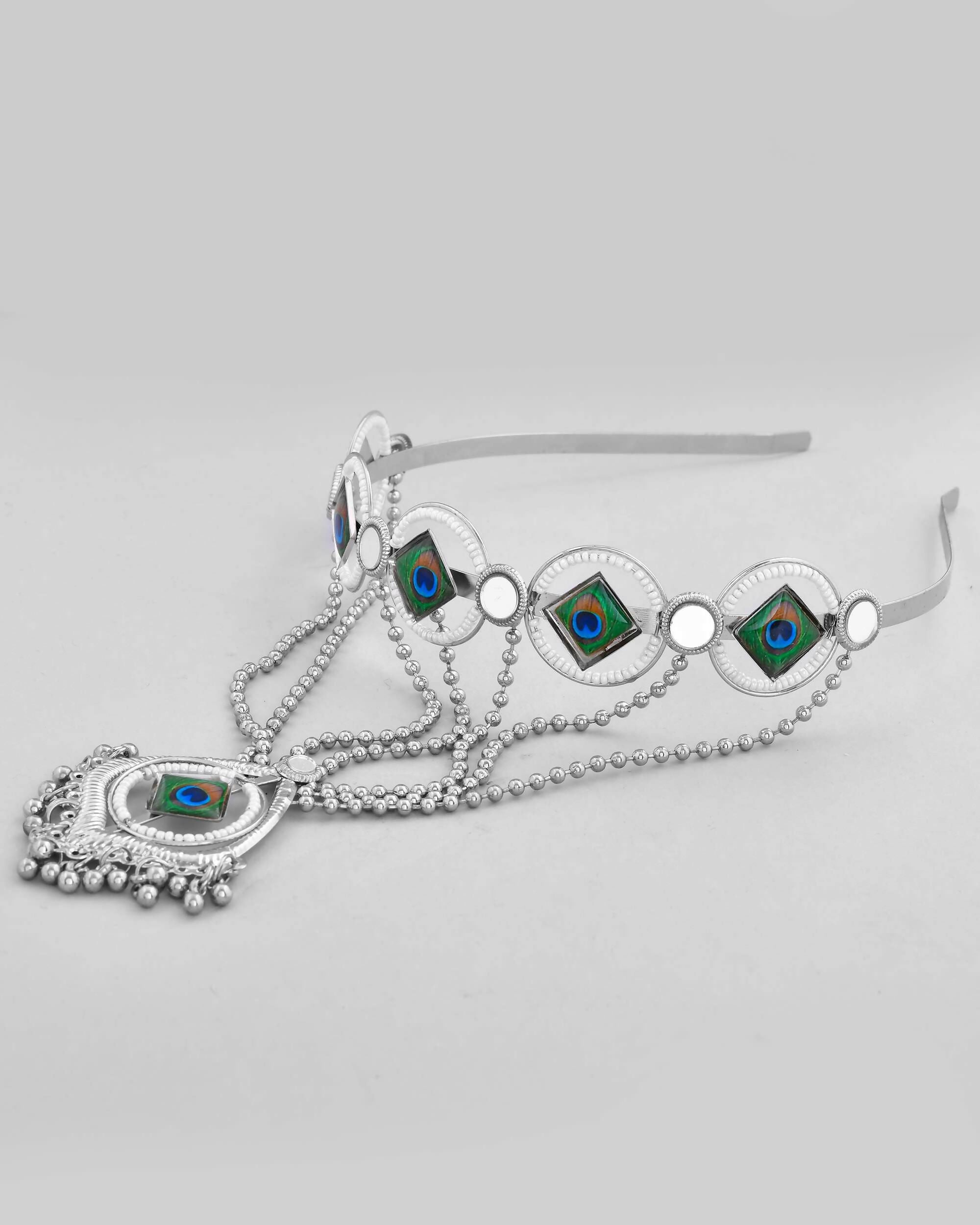 VOJ Silver Plated Peacock Printed Hairband With Mang Tikka