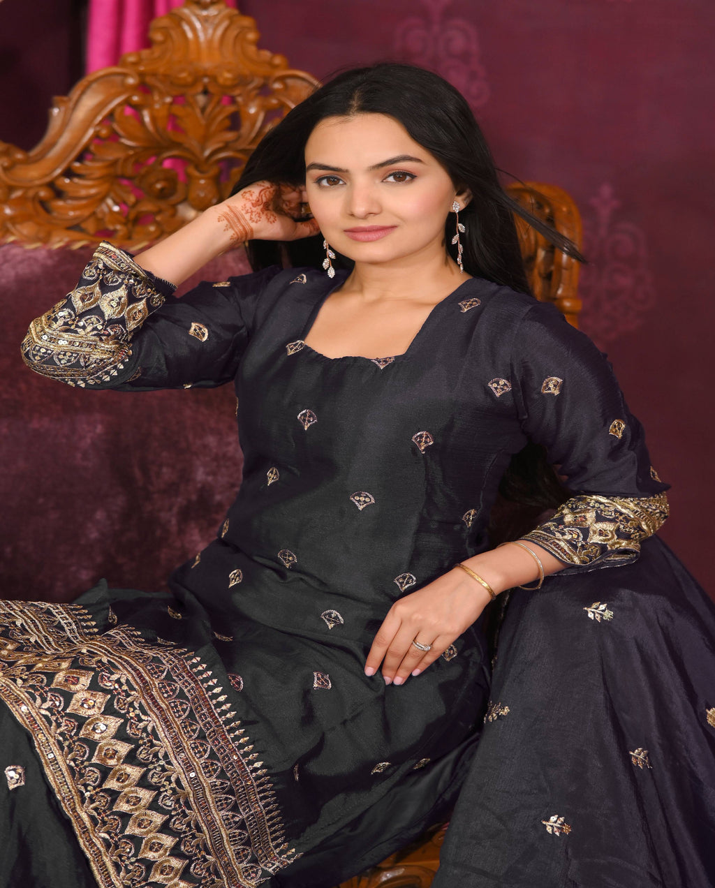 Lehenga Mart Designer Chinon Suit With Sequence Embroidered Work - Black