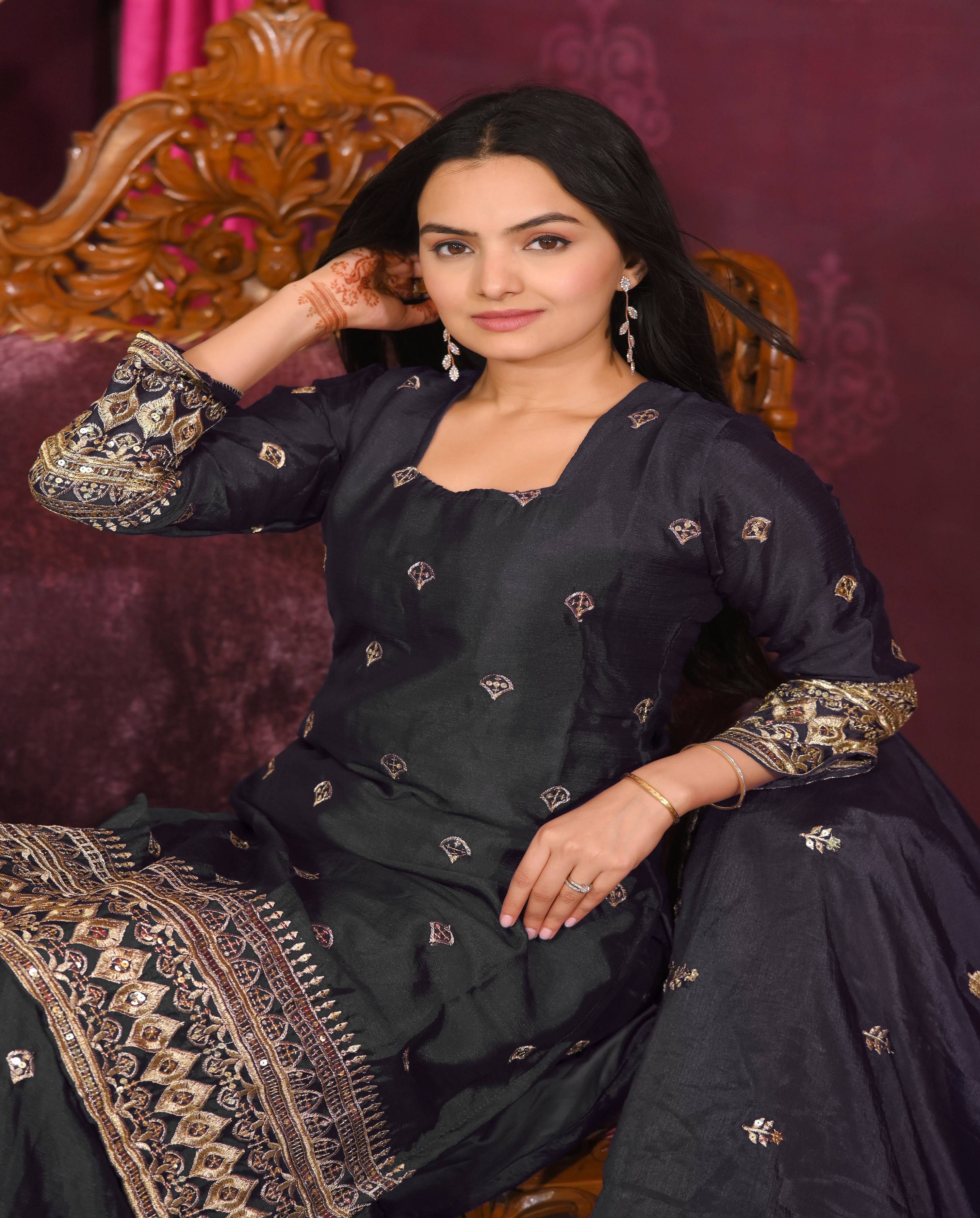 Lehenga Mart Designer Chinon Suit With Sequence Embroidered Work - Black