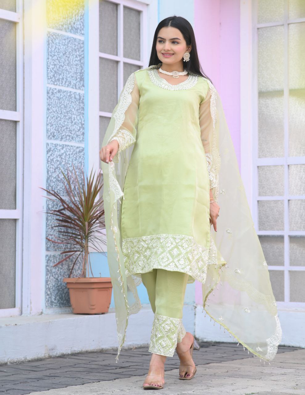 Lehenga Mart Designer Organza Suit With Sequence Embroidered Work - Light Green