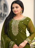 Lehenga Mart Designer Faux Georgette Suit With Embroidered Work - Mahendi